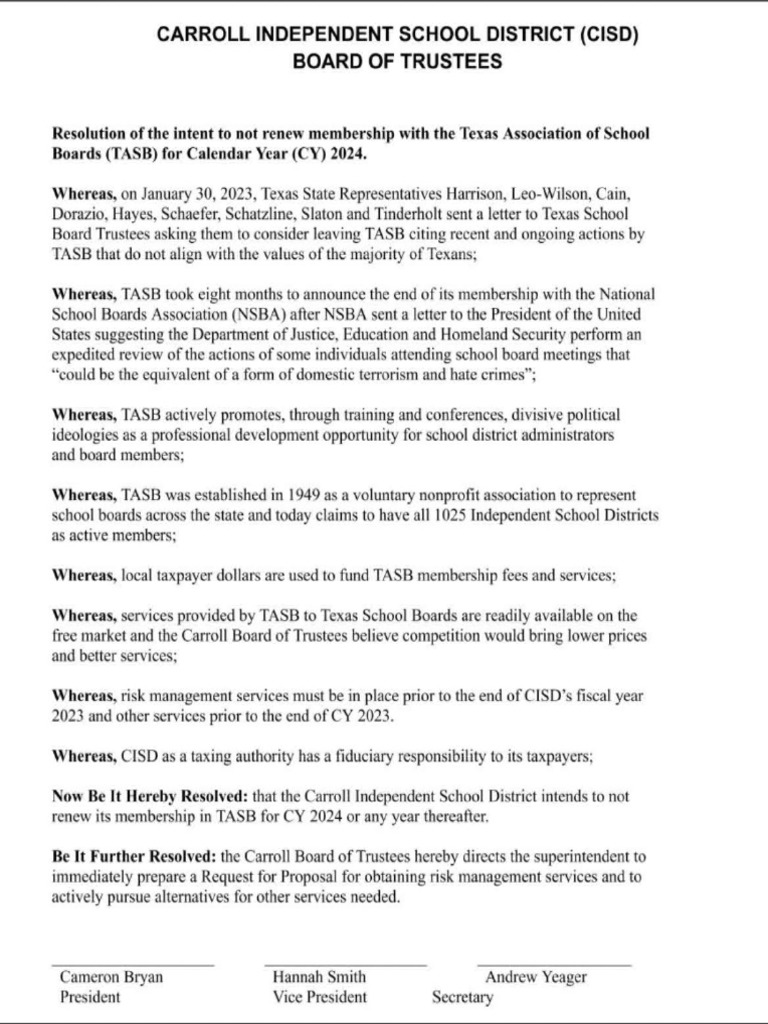 Carroll ISD TASB Resolution | PDF