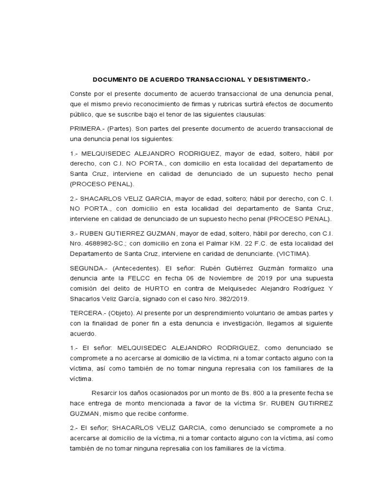 Acuerdo Transaccional y Desistimiento Penal | PDF | Justicia | Crimen y ...