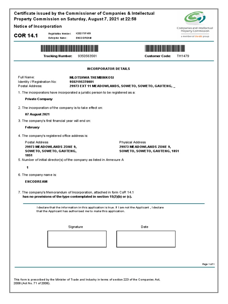 COR 14.1 Incorporation Certificate | PDF