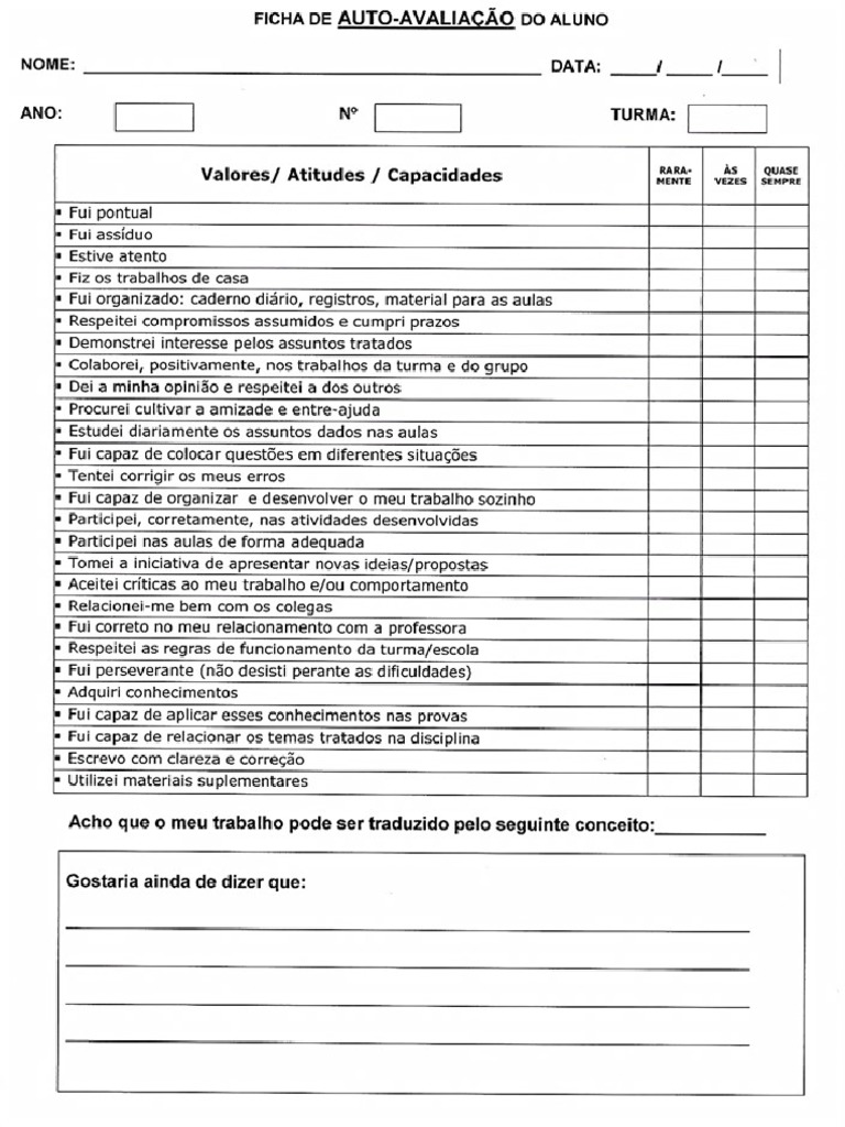 Ficha de Autoavaliação-Aluno-1ºciclo PDF | PDF