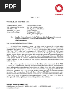 Ormat - ESA 60-Day Notice Letter to USFWS (23 March 2023)