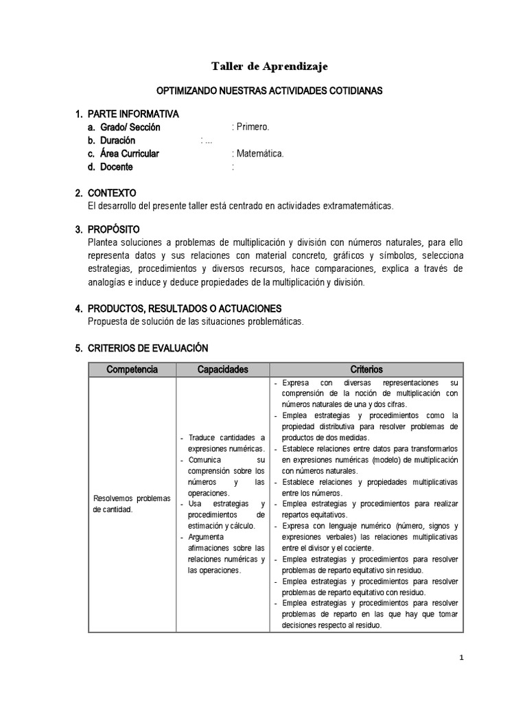 Taller de Matemáticas: Multiplicación y División | PDF | División ...
