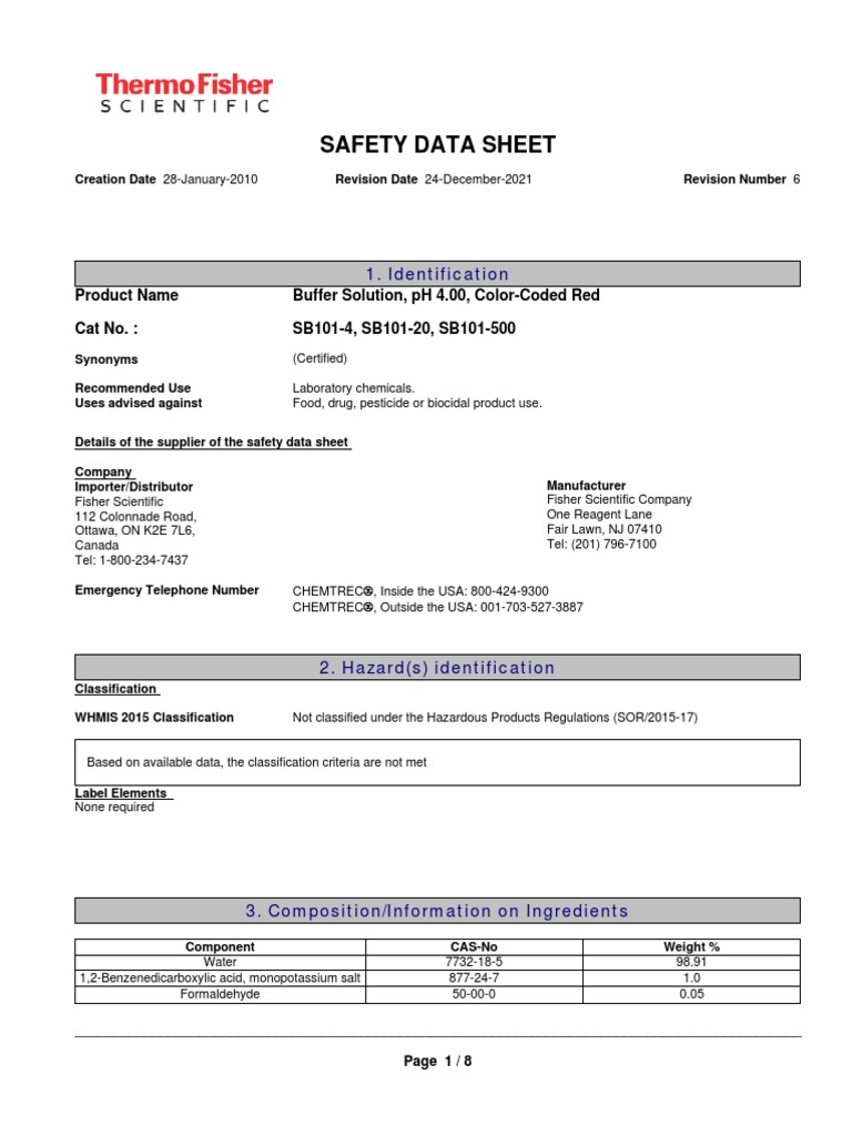 Buffer PH 4 MSDS PDF Labor Relations Physical Sciences