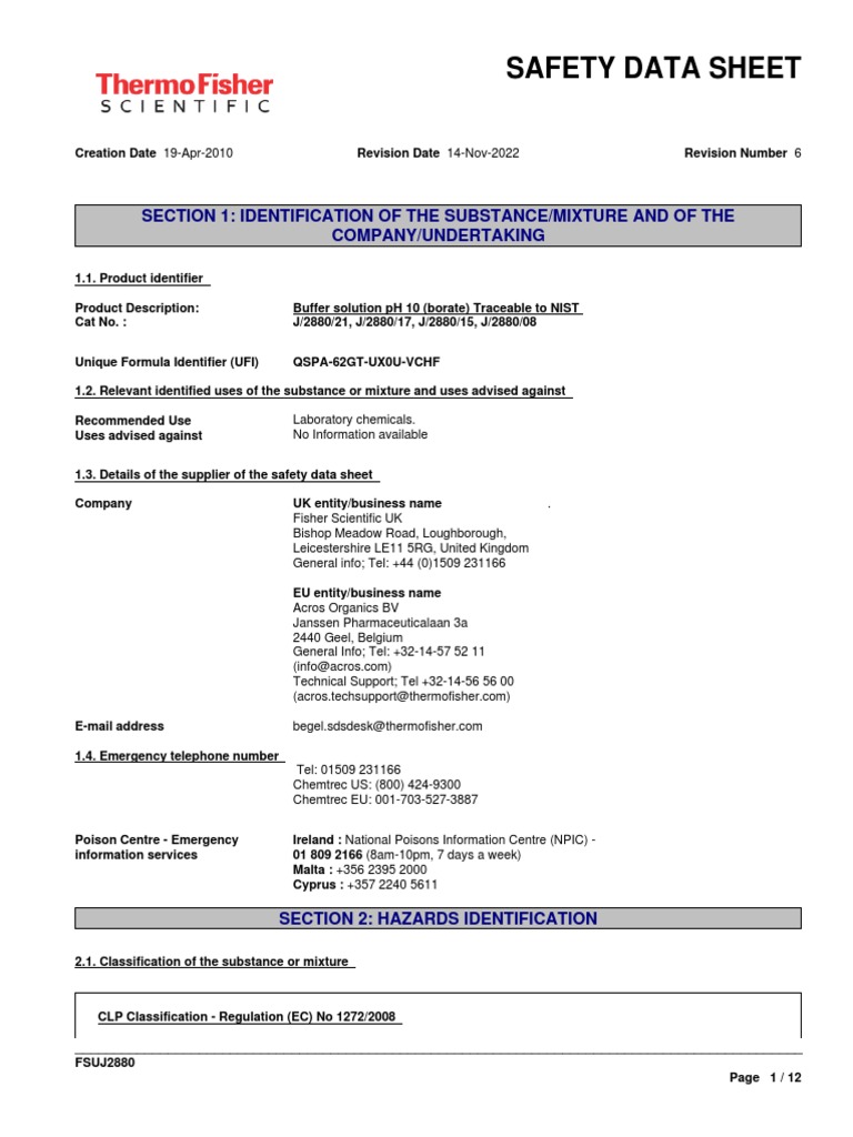 Buffer PH 10 MSDS PDF Dangerous Goods Physical Sciences