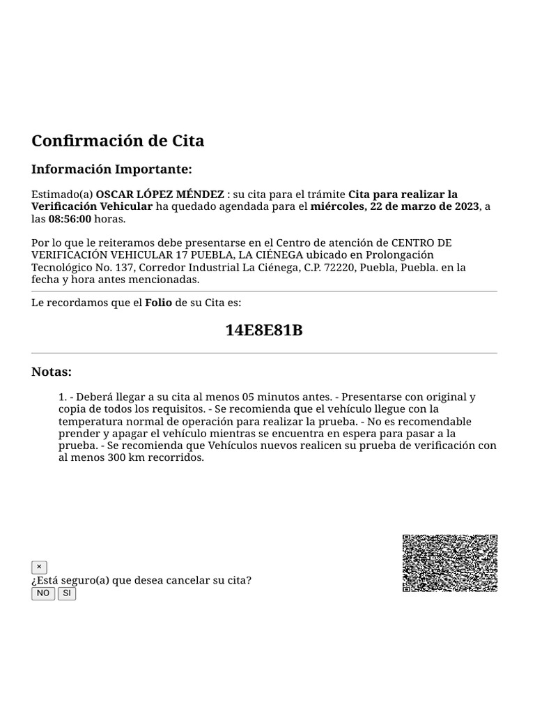Confirmación de Cita de Verificación | PDF