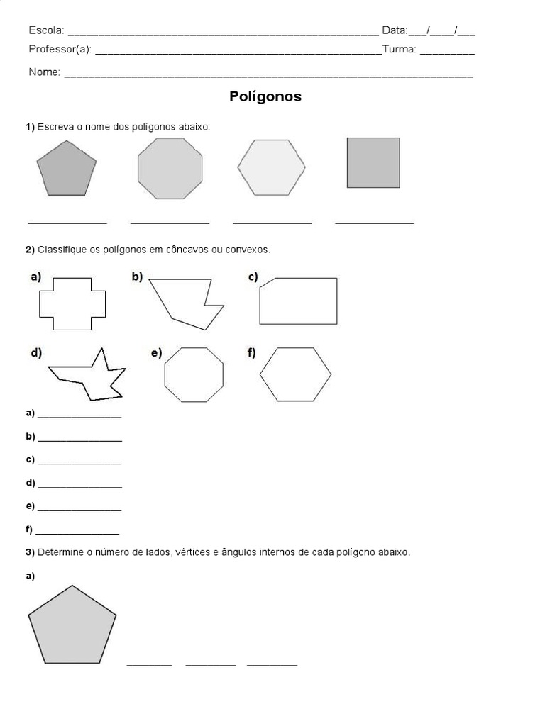 Exercícios sobre Polígonos para 6º Ano | PDF | Polígono | Vértice ...