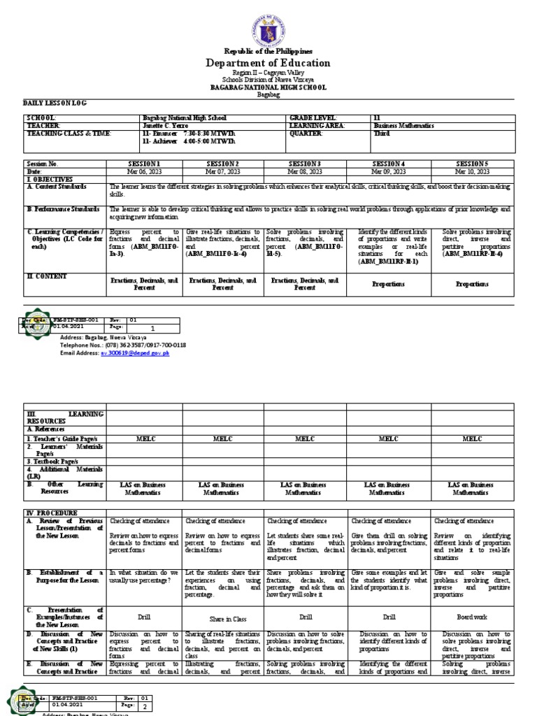 Business Math DLL for Grade 11 | PDF | Percentage | Learning