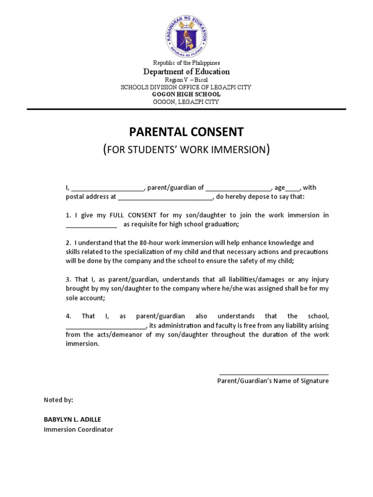 Parents Consent Work Immersion | PDF