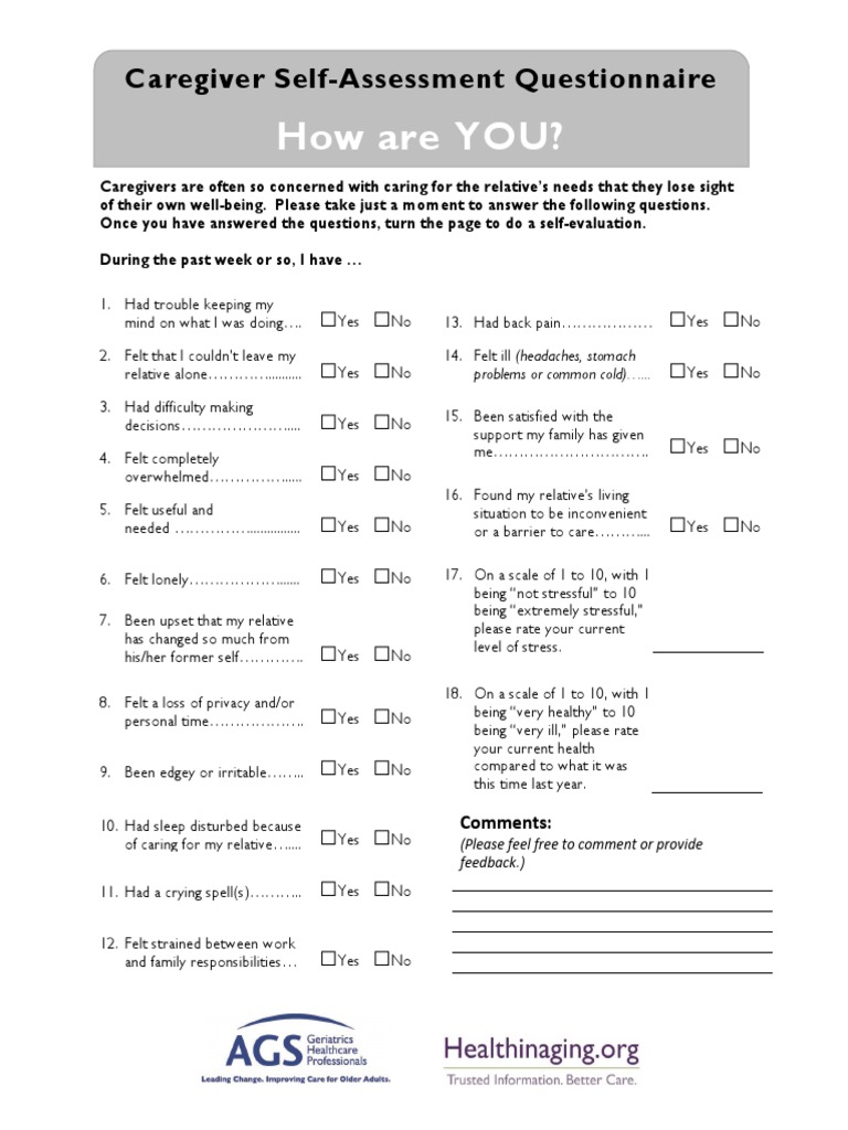 Caregiver Self Assessment Questionnaire | PDF | Caregiver | Social Programs