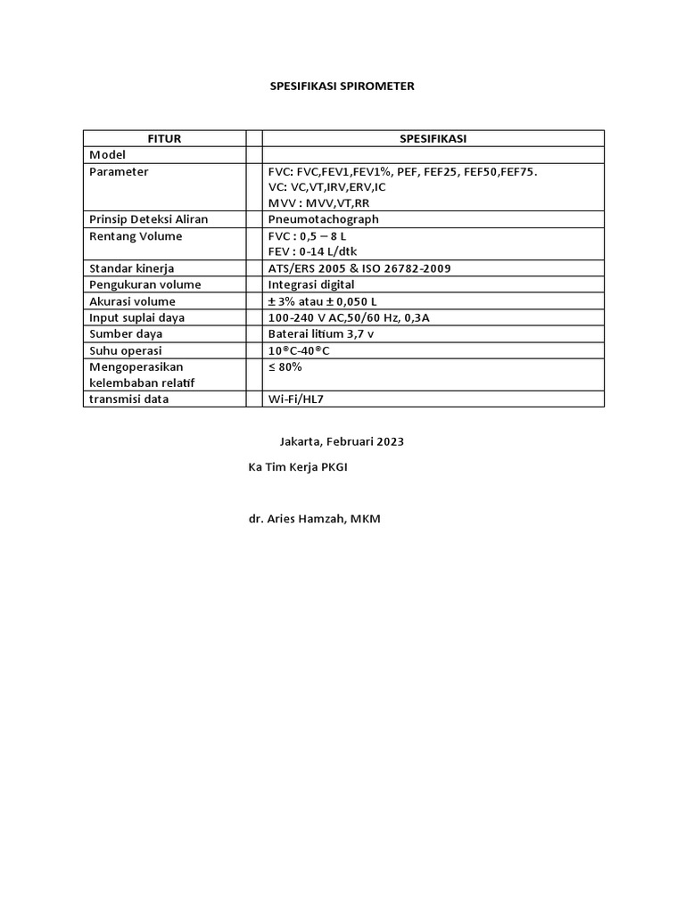 Spesifikasi Spirometer | PDF