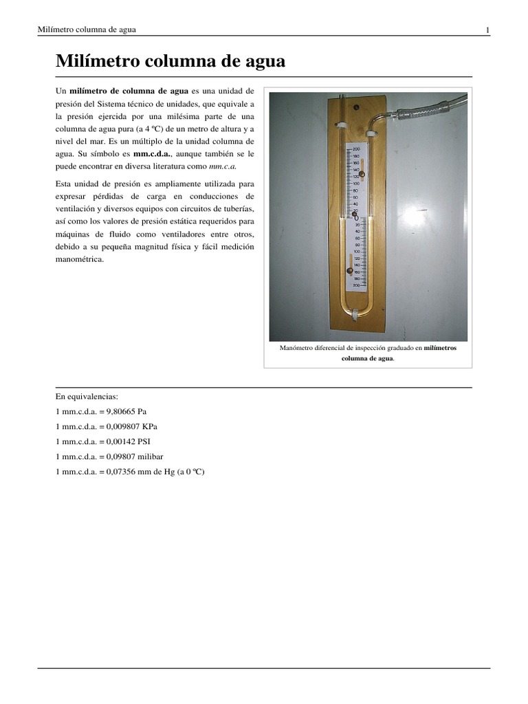 Una introducción a la unidad de medida milímetro columna de agua | PDF