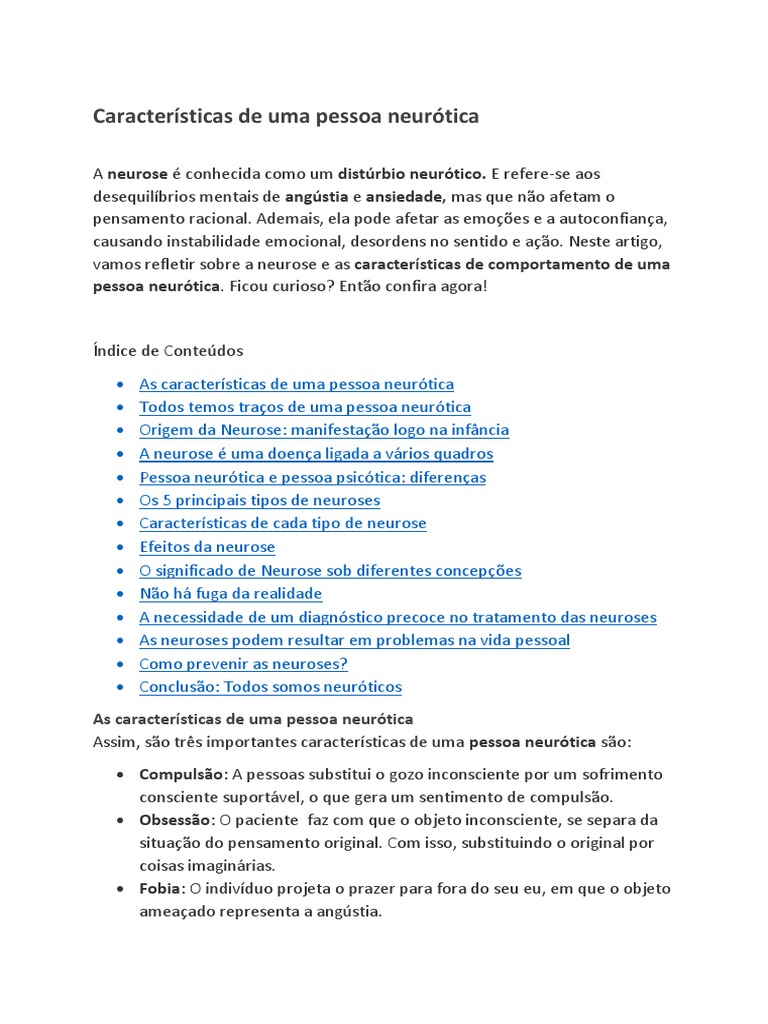Características de Uma Pessoa Neurótica | PDF | Distúrbio mental | Neurose