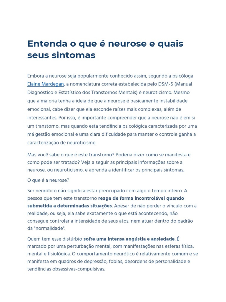 Entenda o Que É Neurose e Quais Seus Sintomas | PDF