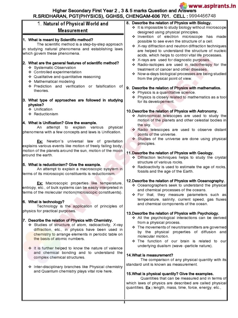 Higher Secondary Physics Q&A Guide | PDF | International System Of ...