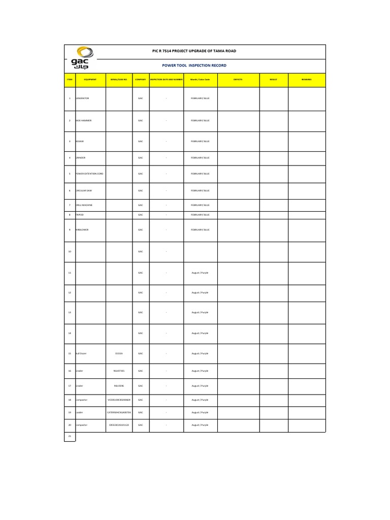 POWER TOOL Inspection Record PDF Equipment Consumer Goods