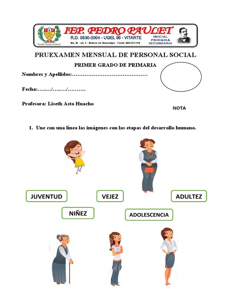 Examen Mensual de Personal Social 1er Grado | PDF | Artes del Lenguaje ...