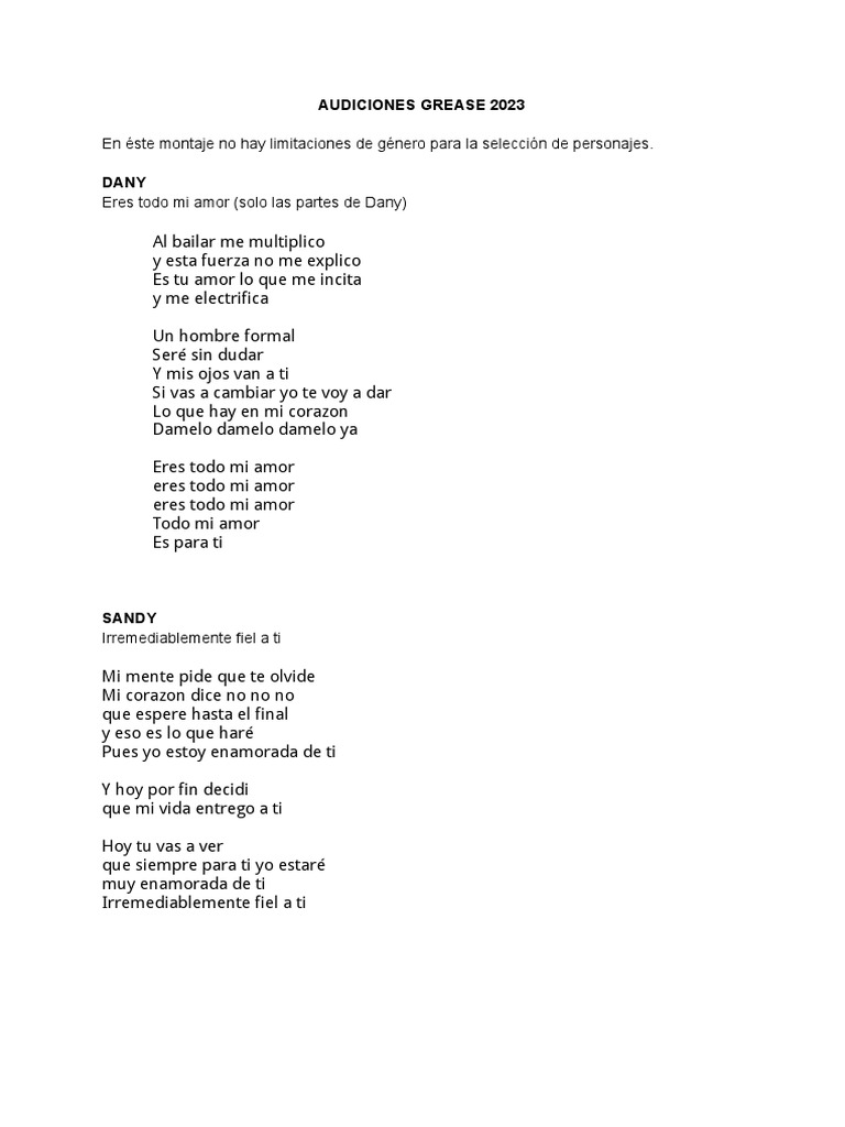 Audiciones Grease 2023: Letras y Personajes | PDF | Amor