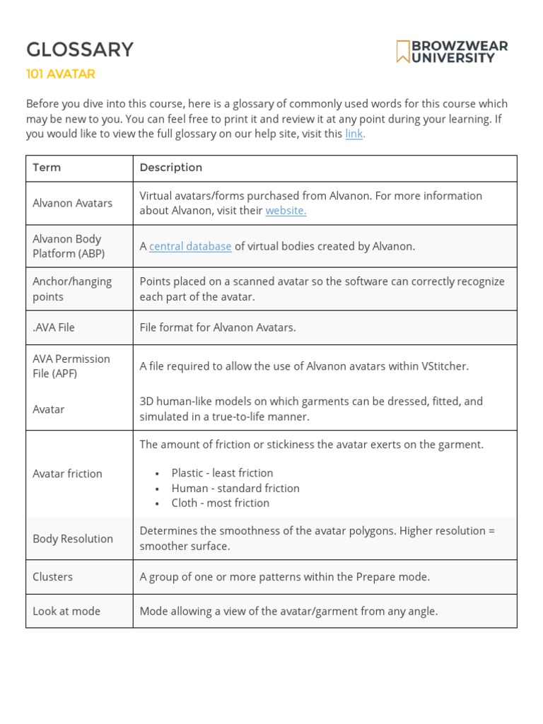 Course Glossary for Alvanon Avatars | PDF
