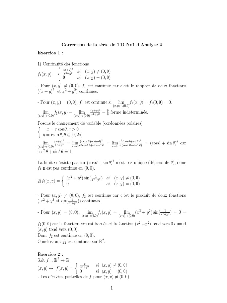 Correction TD No1 Analyse 4 | PDF | Mathématiques appliqués | Équations ...