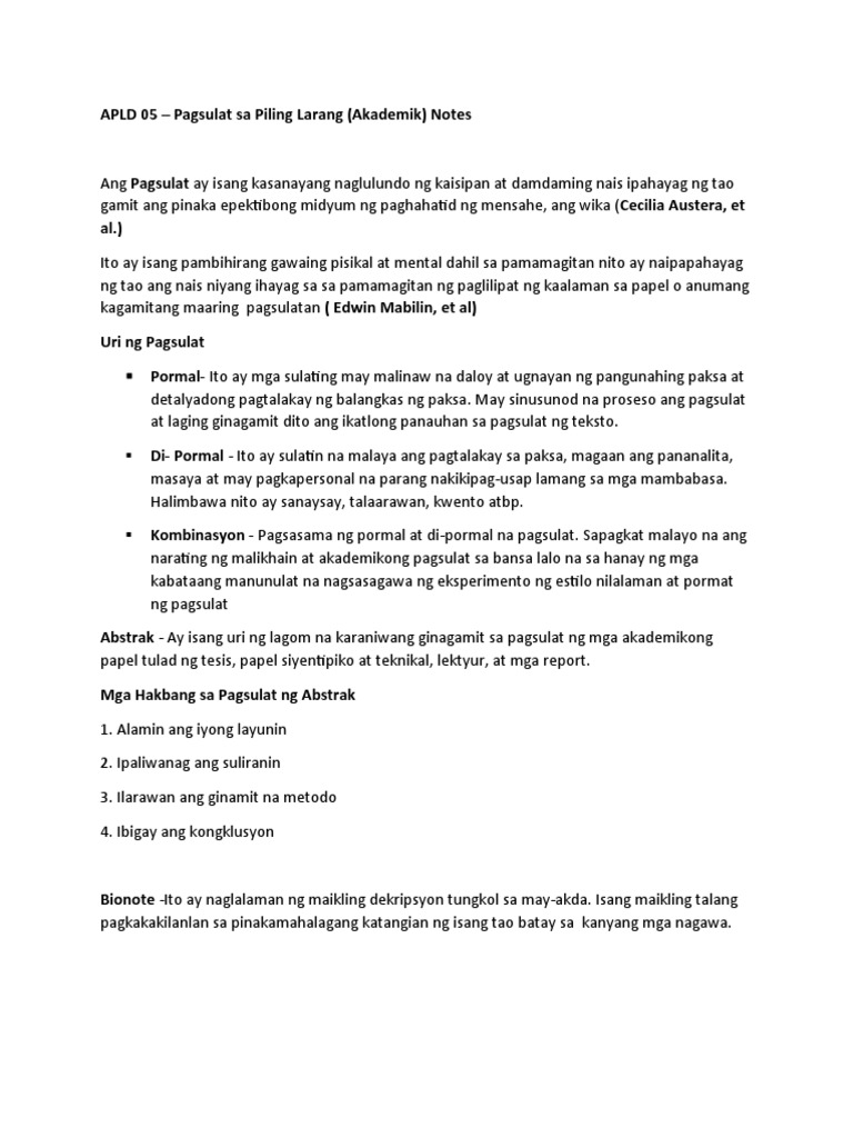 APLD 05 Pagsulat Sa Piling Larang Notes | PDF