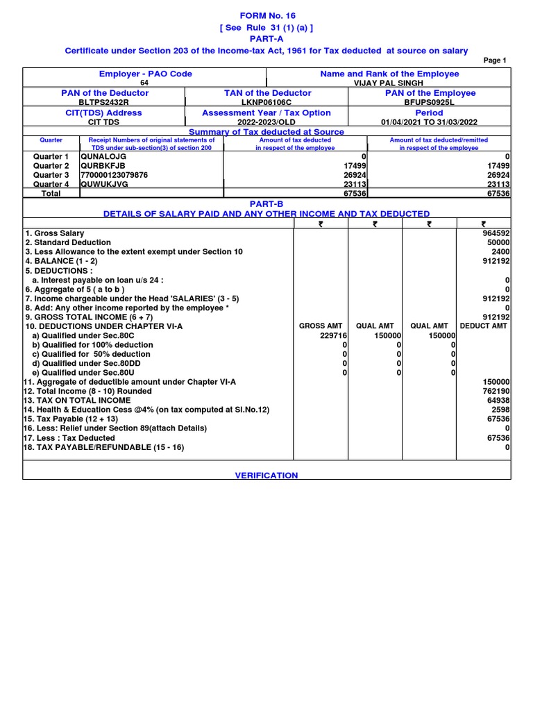 Form 16 Salary Tax Details 2022 | PDF | Tax Deduction | Taxes