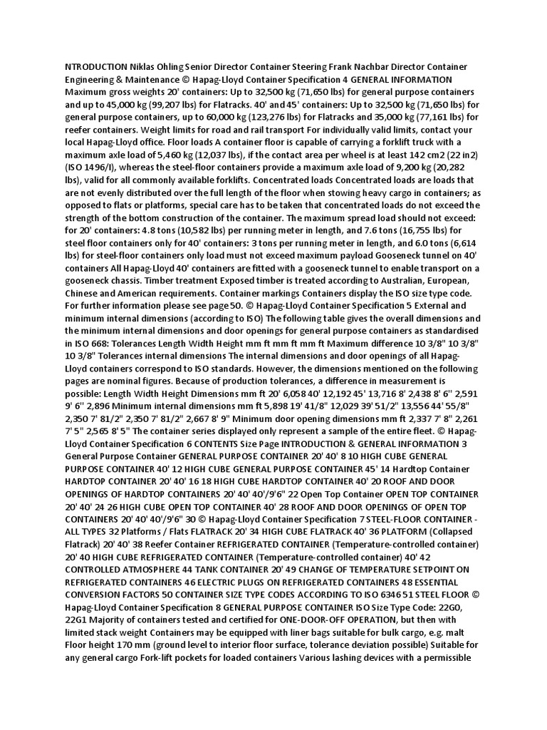 Container Specifications Hapag Lloyd | PDF | Cargo | Engineering Tolerance