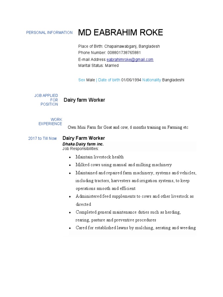 Dairy FARM RESUME PDF Dairy - 1710992673
