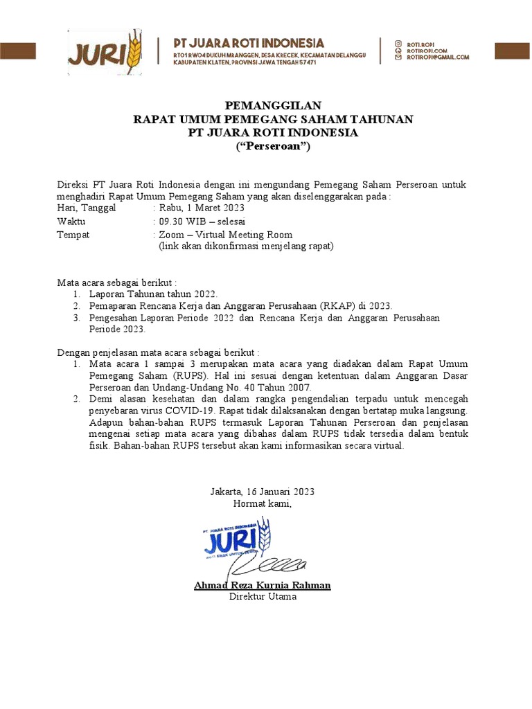 Rapat Umum Pemegang Saham PT Juara Roti | PDF | Pengelolaan Keuangan & Uang