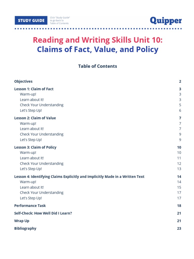 Reading and Writing Skills Unit 10 Claims of Fact, Value, and