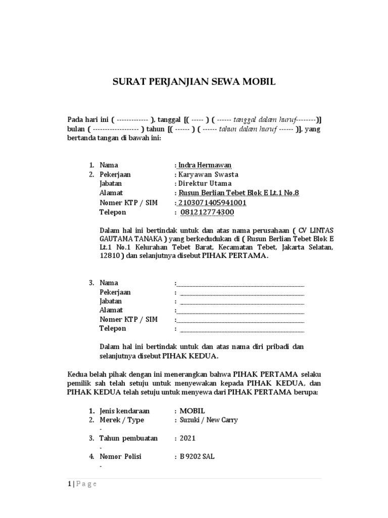 Surat Perjanjian Sewa Mobil | PDF
