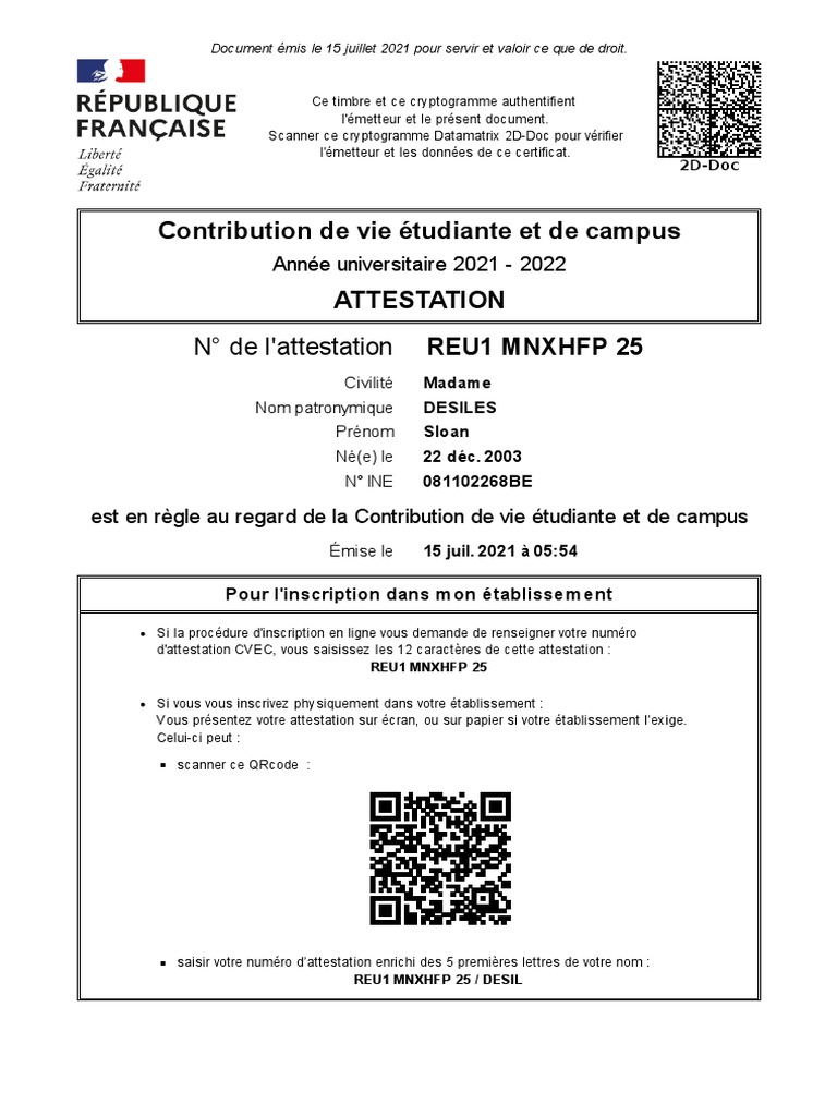 Attestation CVEC PDF | PDF
