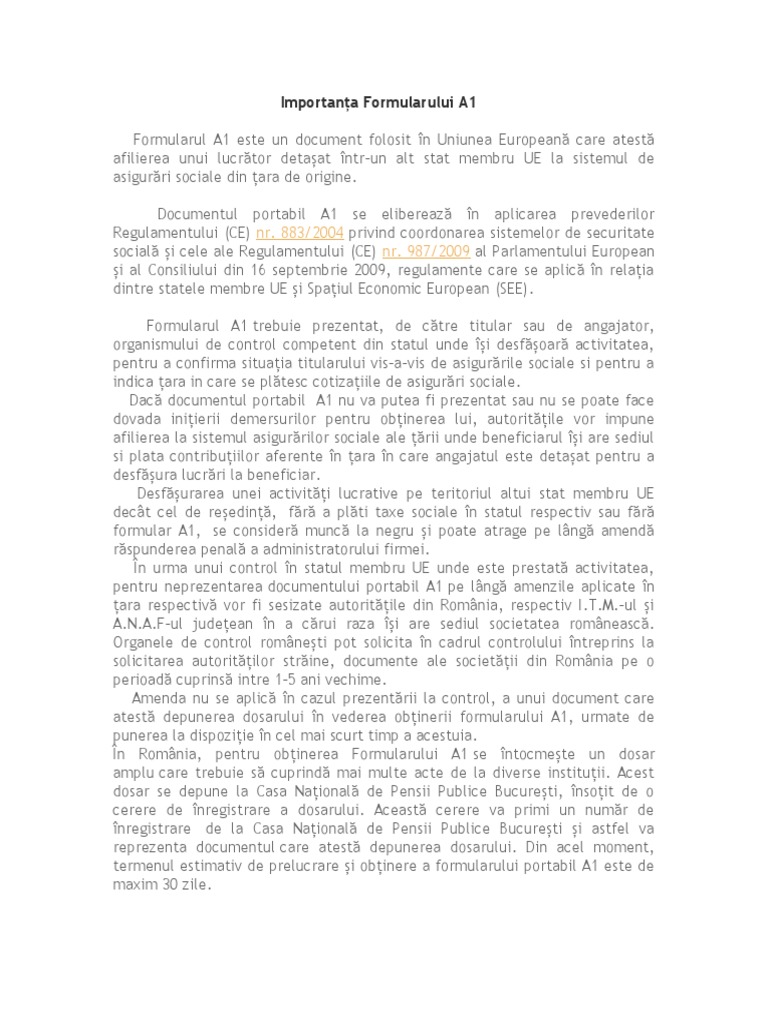 Importanța Formularului A1 | PDF