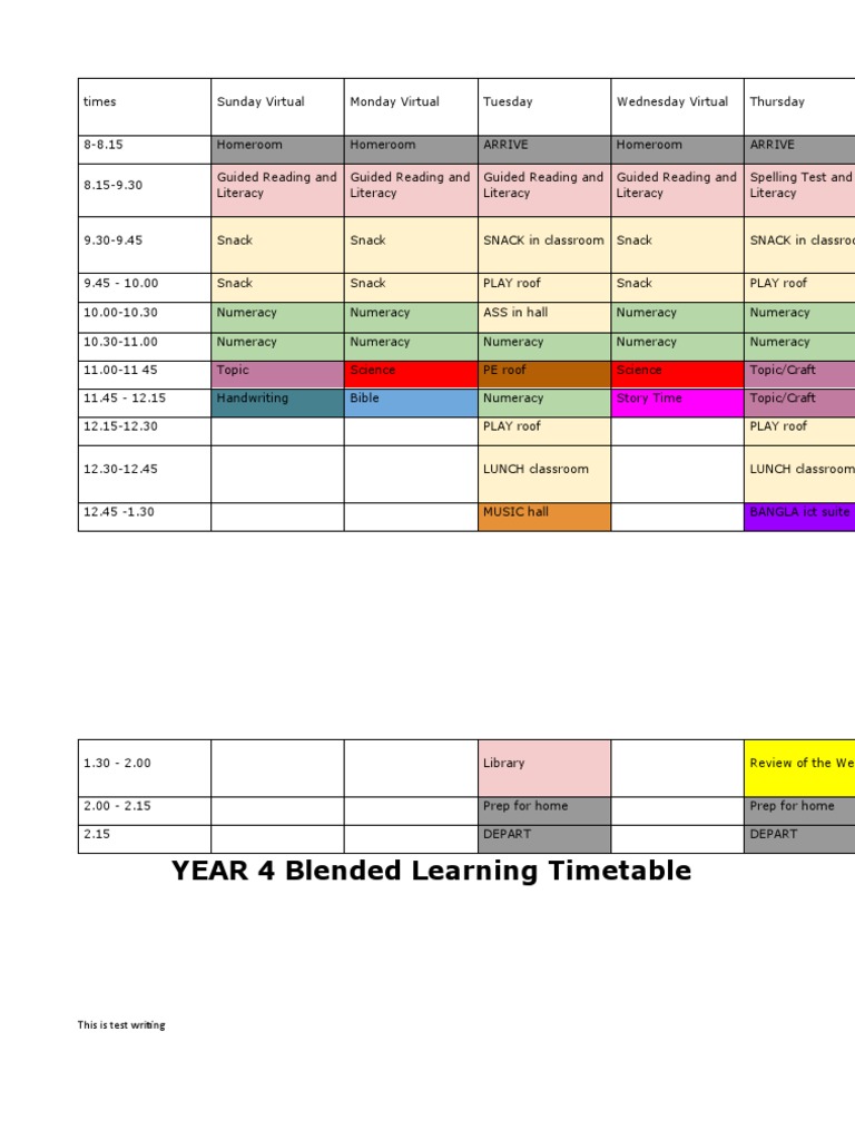 Year 4 Blended Learning Timetable: Document Outlining the Weekly ...