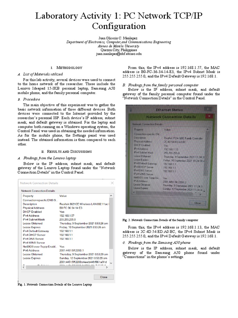 Laboratory Activity 1: Analysis of TCP/IP Configuration Settings on ...