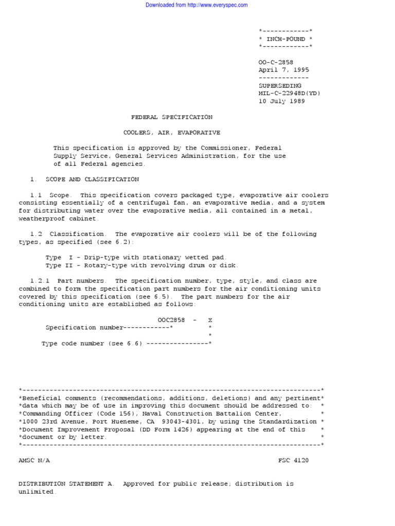 Federal Specification for Air Coolers | PDF | Electric Motor ...