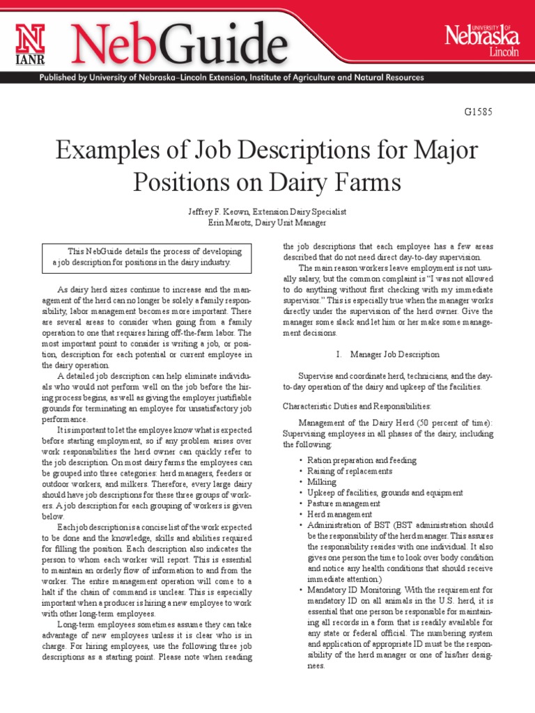 Examples of Job Descriptions For Major Positions On Dairy Farms PDF