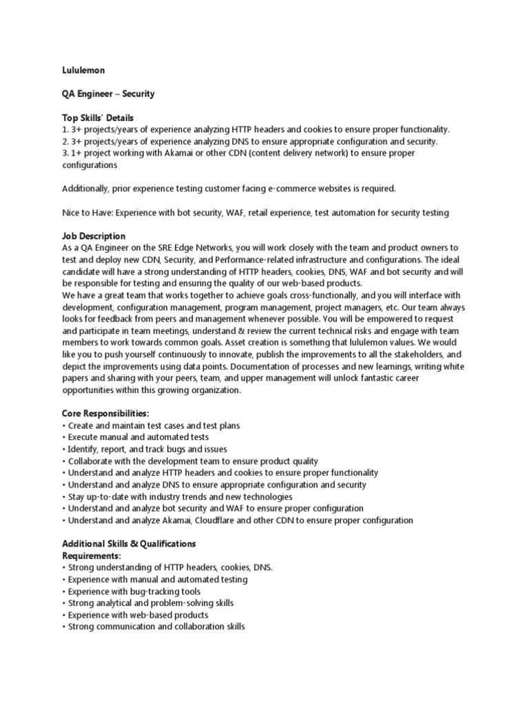 Lululemon qa engineer security testing http headers cookies dns pdf