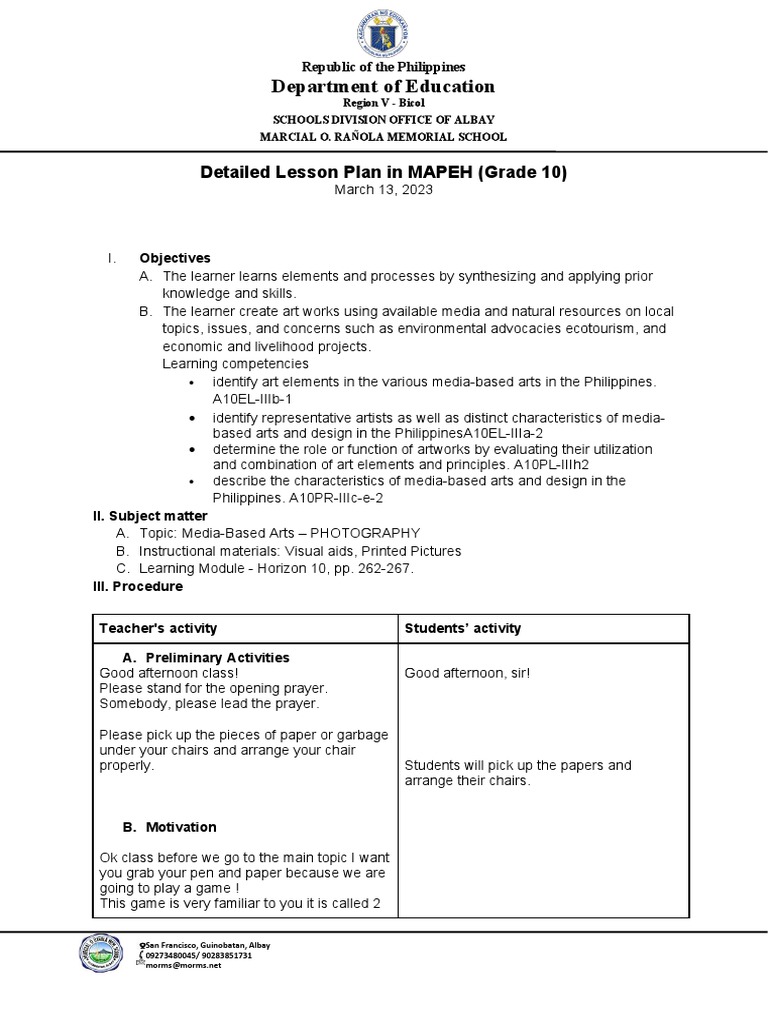 MAPEH Grade 10: Photography Lesson Plan | PDF | Camera | Imaging