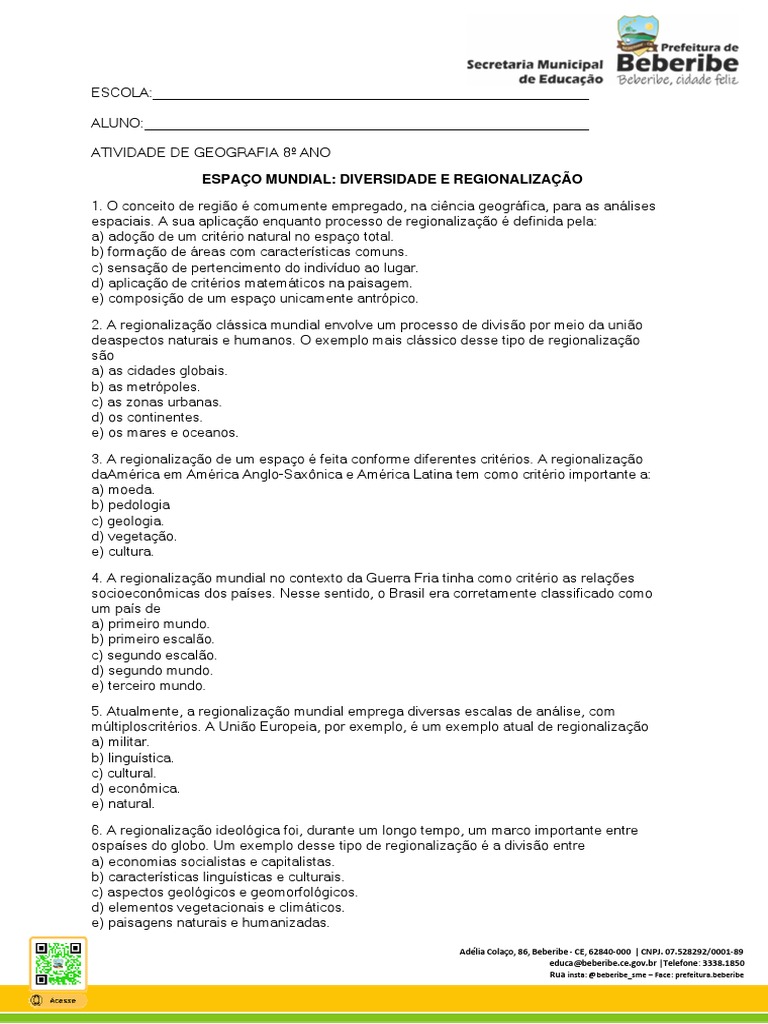 Atividade de Geografia 8º Ano | PDF | Geografia