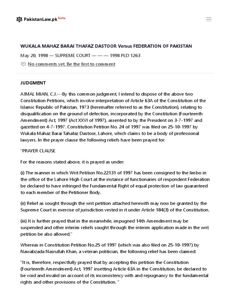 Wukala Mahaz Barai Tahafaz Dastoor and Anor. v. Federation of Pakistan ...