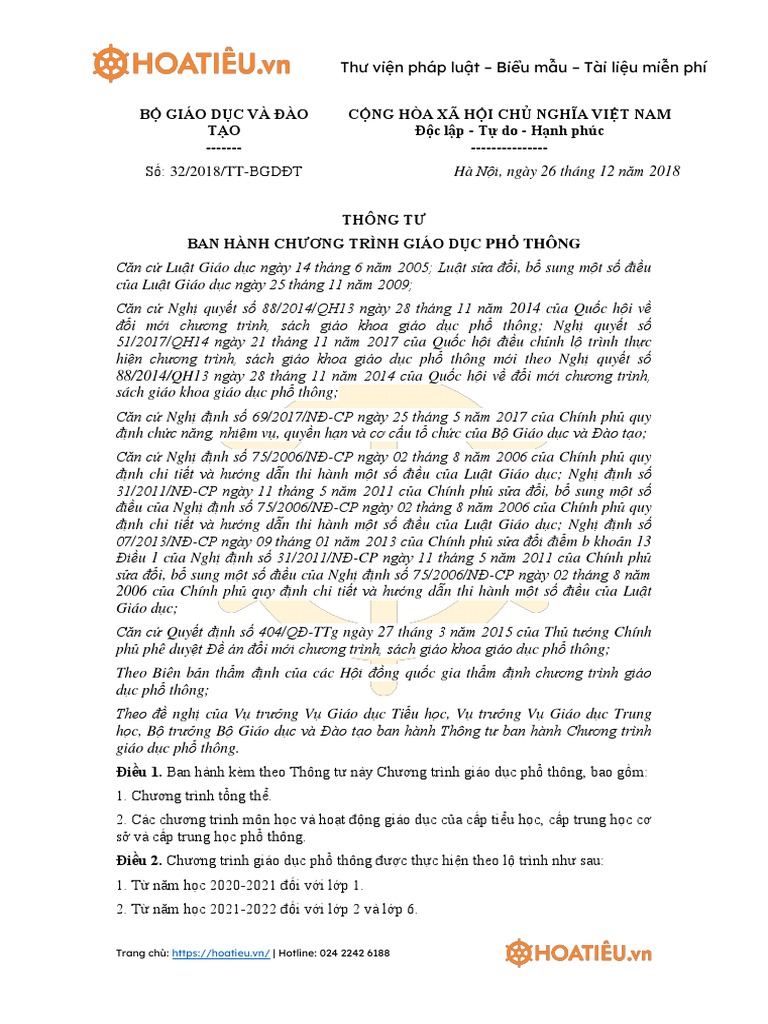 Thong Tu 32 2018 TT BGDDT PDF | PDF