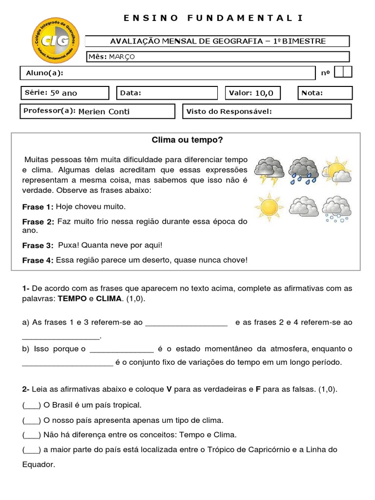 Atividades sobre Clima e Tempo - 5º Ano | PDF | Clima | Meteorologia