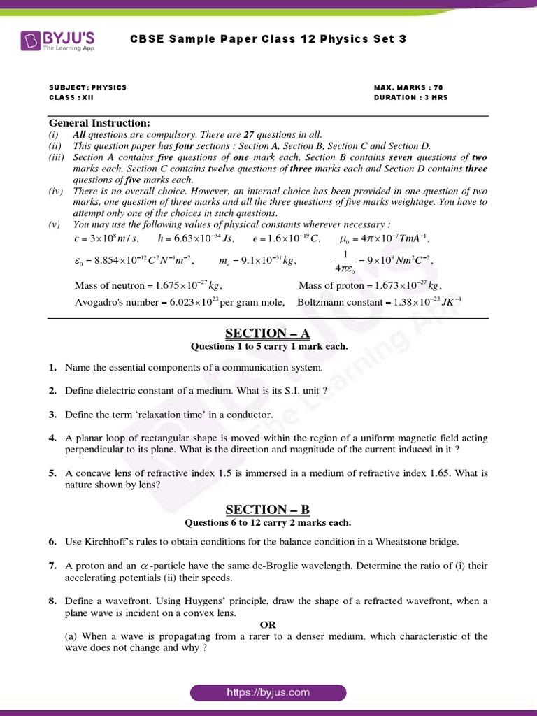 Class 12 Physics Sample Paper | PDF | Waves | Electromagnetic Induction