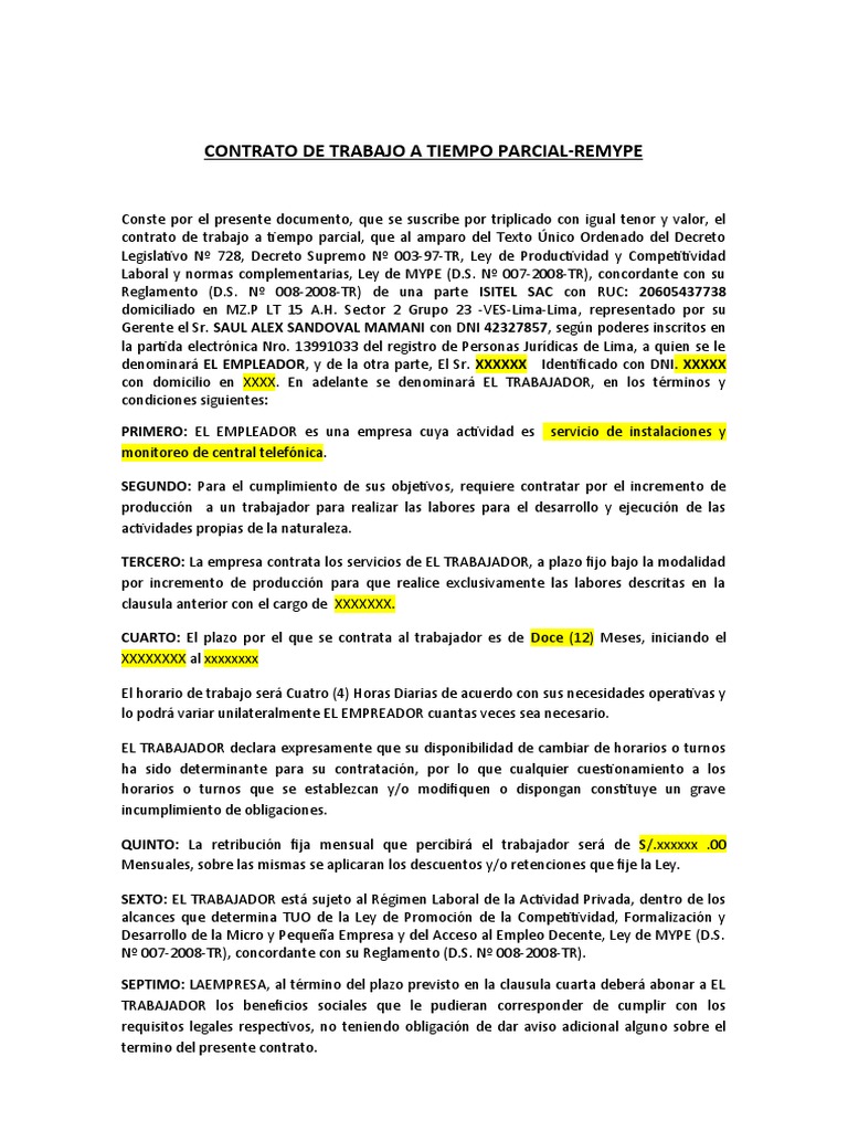 Contrato de Trabajo Part Time REMYPE | PDF | Derecho laboral | Justicia
