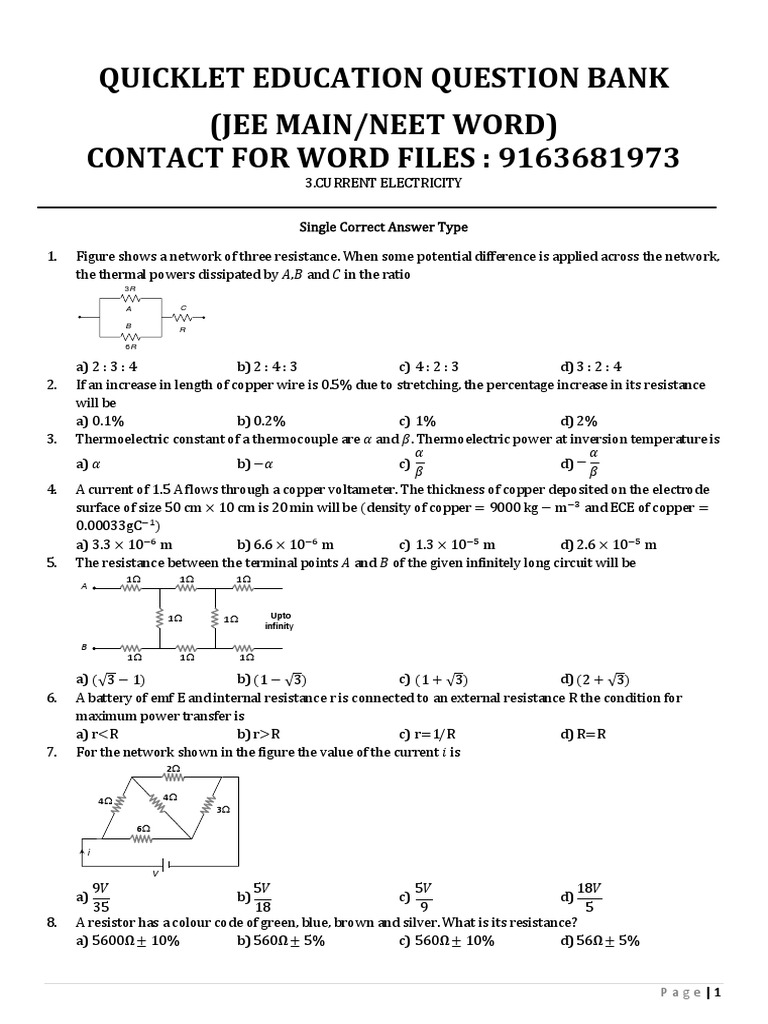 Current Electricity Question Bank | PDF | Series And Parallel Circuits ...