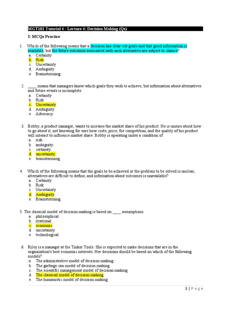 4a. MGT101 Week 5 Tutorial 4 Qs | PDF | Decision Making | Rationality