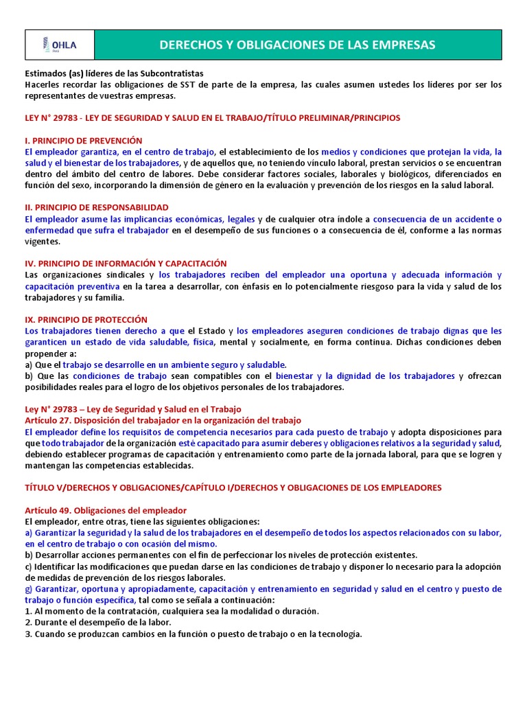 Derechos Y Obligaciones de Las Empresas | PDF | Seguridad y salud ...