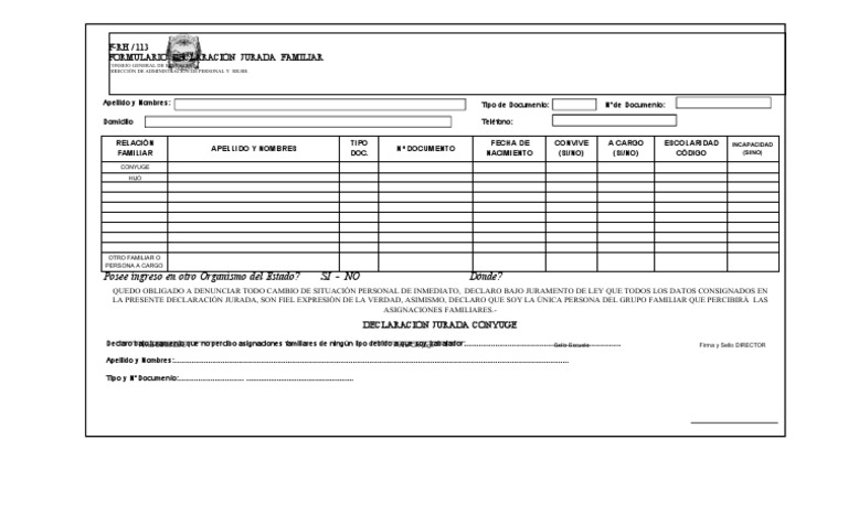 Formulario rh-113 Declaración Jurada Familiar Excel | PDF