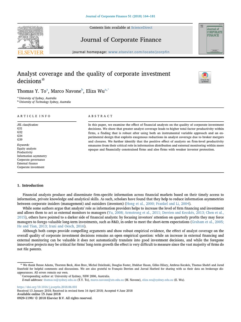 (To Et Al, JCF, 2018) Analyst Coverage and The Quality of Corporate