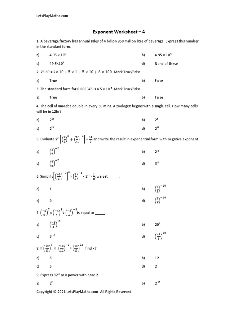 Exponents and Powers Worksheet4 PDF Exponentiation Mathematical